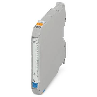 Tenký, šedý elektronický modul s štítky a konektory na horní a dolní straně, používaný pro průmyslovou automatizaci nebo elektrické systémy.