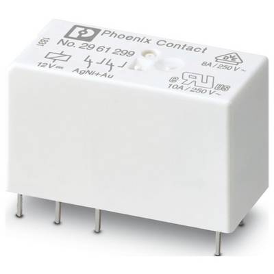 Bílé elektrické relé se šesti kovovými kolíky označenými „Phoenix Contact č. 2961299", jmenovité hodnoty 8A/250V a 10A/250V, s různými certifikačními značkami.