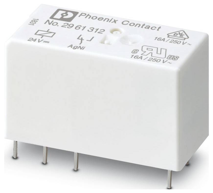 Bílý elektronický relé modul s nálepkou "Phoenix Contact číslo 2961312", symboly pro elektrické specifikace a kovové kolíky.