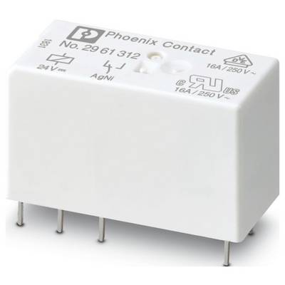 Bílý elektronický relé modul s nálepkou "Phoenix Contact číslo 2961312", symboly pro elektrické specifikace a kovové kolíky.