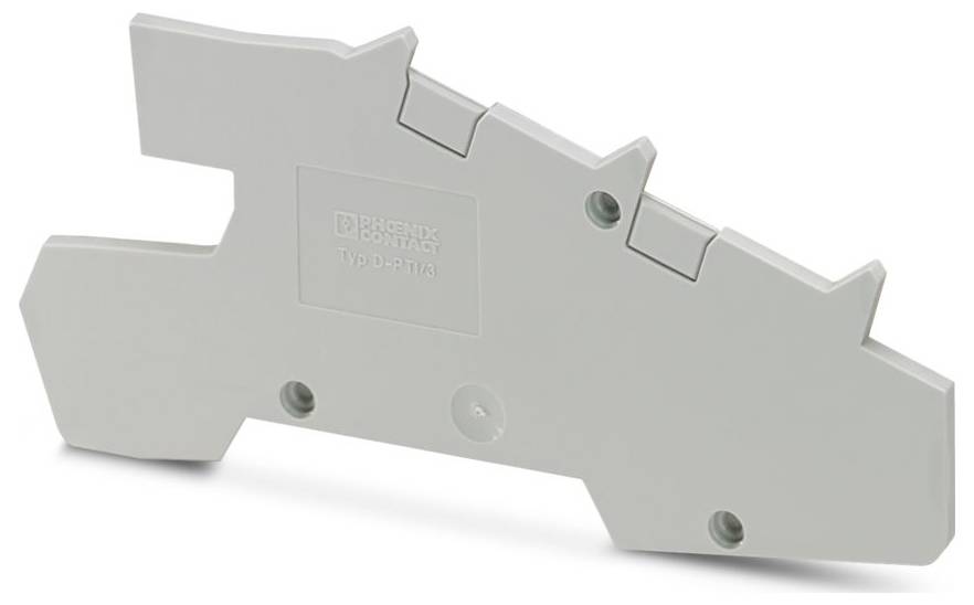 Šedý modulární koncový kryt blokových svorek od Phoenix Contact, vyznačující se konturovaným tvarem s otvory pro upevňovací šrouby.