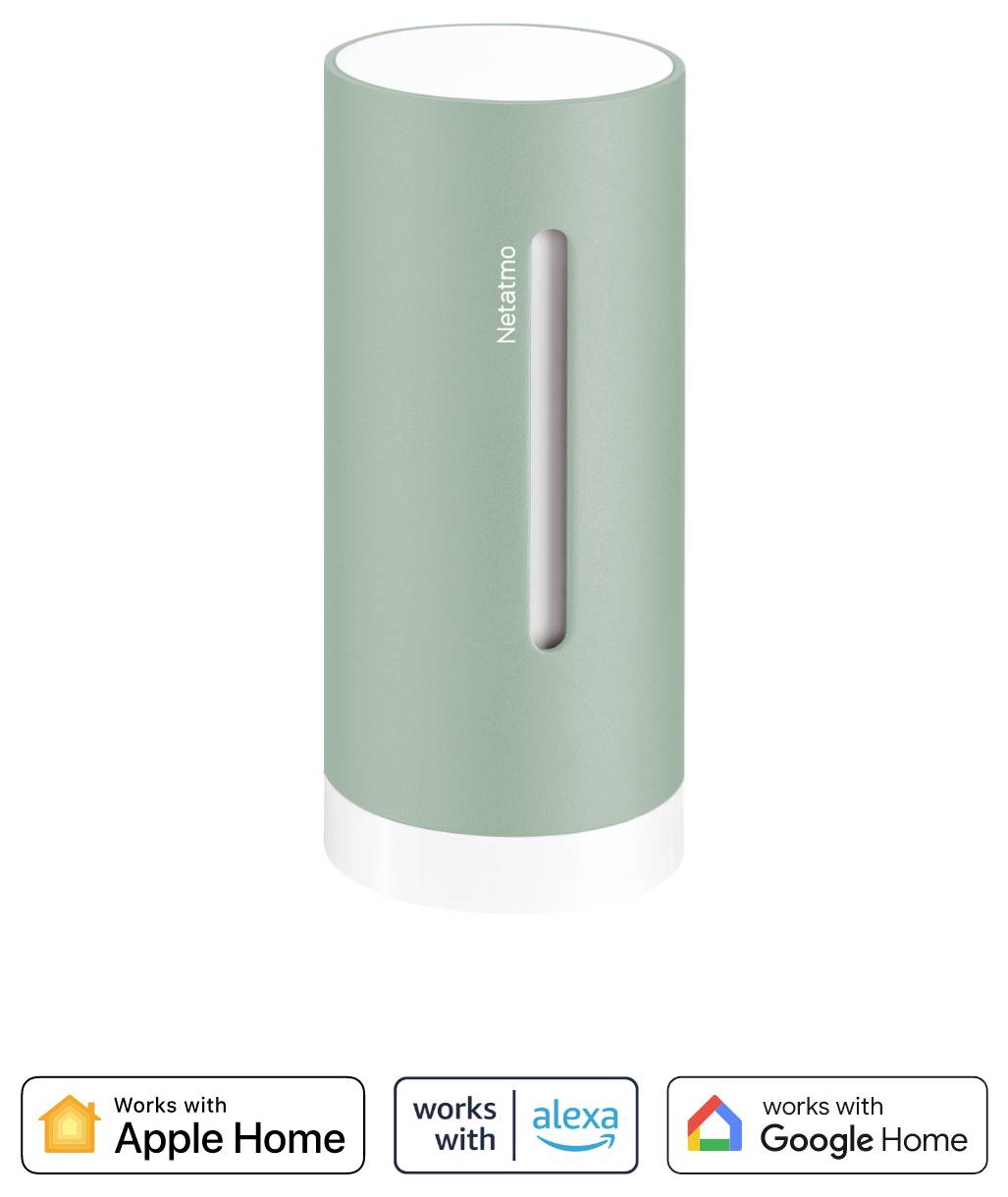 Zelené válcovité zařízení označené štítkem 'Netatmo' na straně, kompatibilní s Apple Home, Alexou a Google Home, jak ukazují ikony níže.