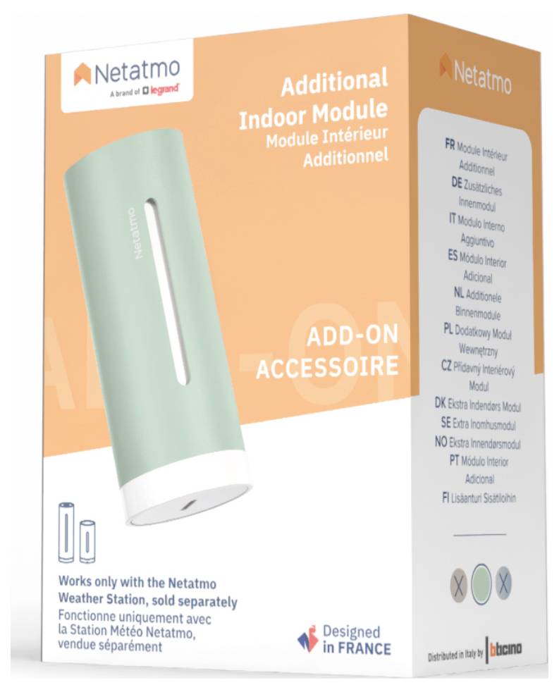 Přídavný vnitřní modul Netatmo<br>Doplňkový modul pro meteostanici<br>Prodáván samostatně<br>Navrženo ve Francii<br><br>Zelený modul pro rozšíření meteorologického měření<br>Kompatibilní s hlavní meteostanicí Netatmo