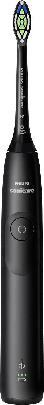 Černý elektrický zubní kartáček Philips Sonicare s vypínačem a indikátory nabíjení na rukojeti.