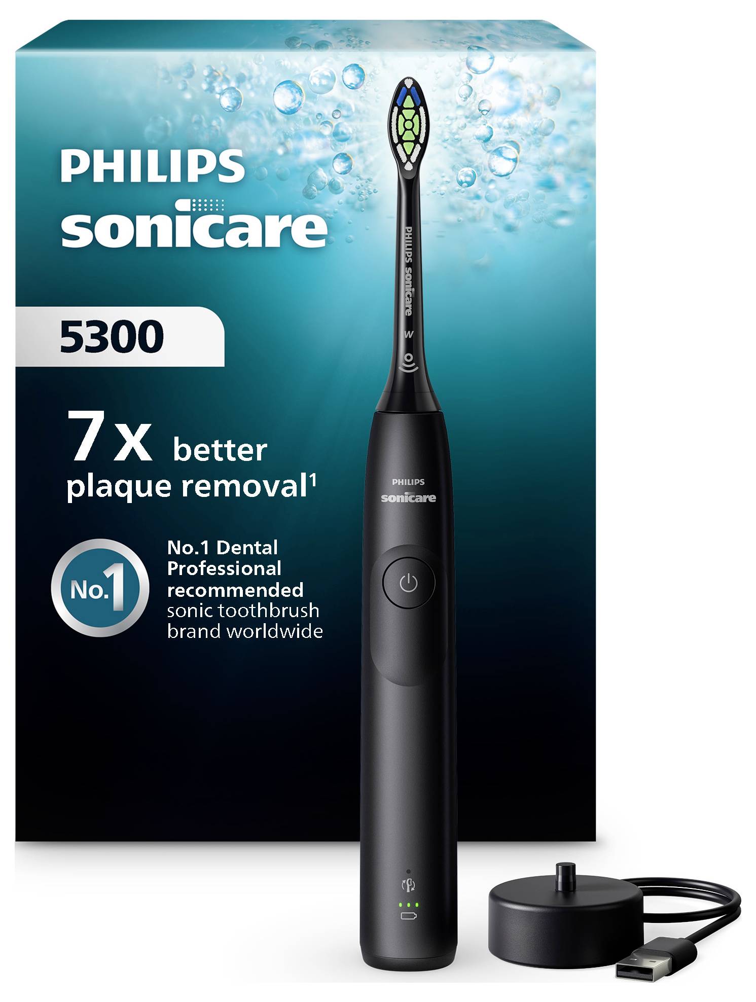 Elektrický zubní kartáček Philips Sonicare 5300 s '7x lepším odstraněním zubního plaku' a nabíjecí základnou, zobrazený na obalu výrobku s bublinkami.
