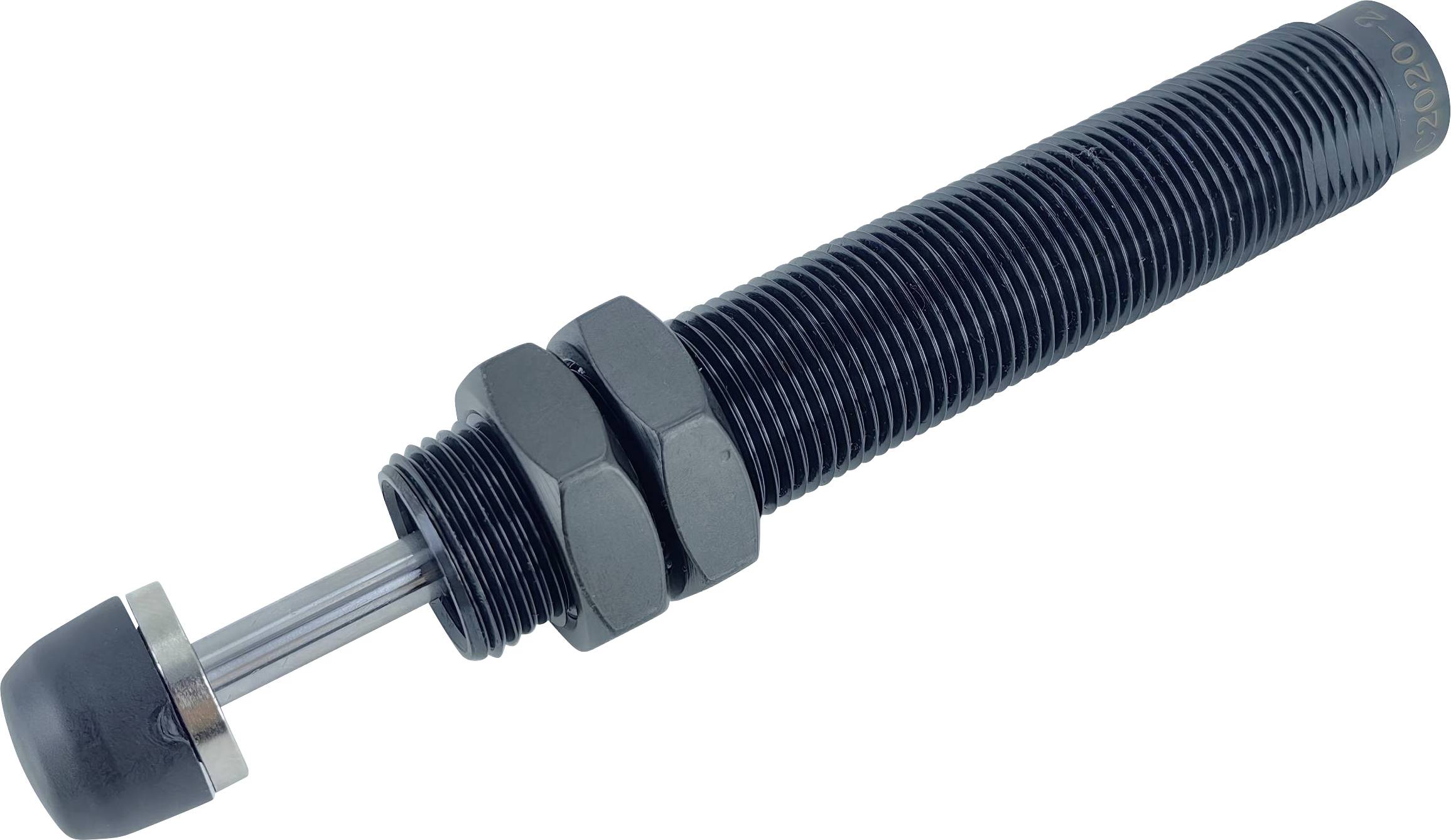Detailní pohled na černý průmyslový tlumič s závitovaným tělem a gumou uzavřeným koncem, používaný k tlumení mechanického pohybu.