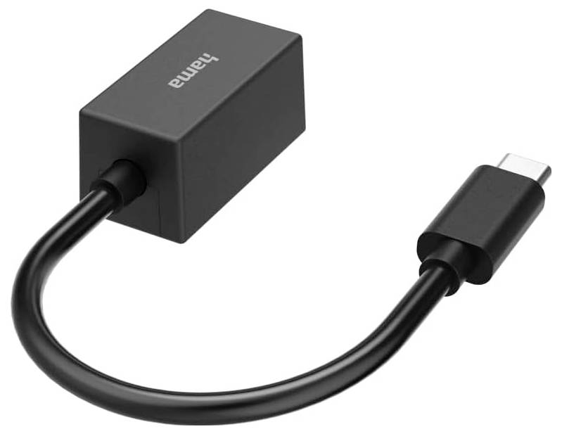 Černý adaptér USB-C na Ethernet s flexibilním kabelem a pravoúhlým pouzdrem konektoru.