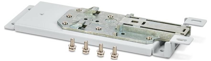 Obdélníkový kovový mechanismus zámku dveří s přiloženou destičkou zámku a čtyřmi upevňovacími šrouby.