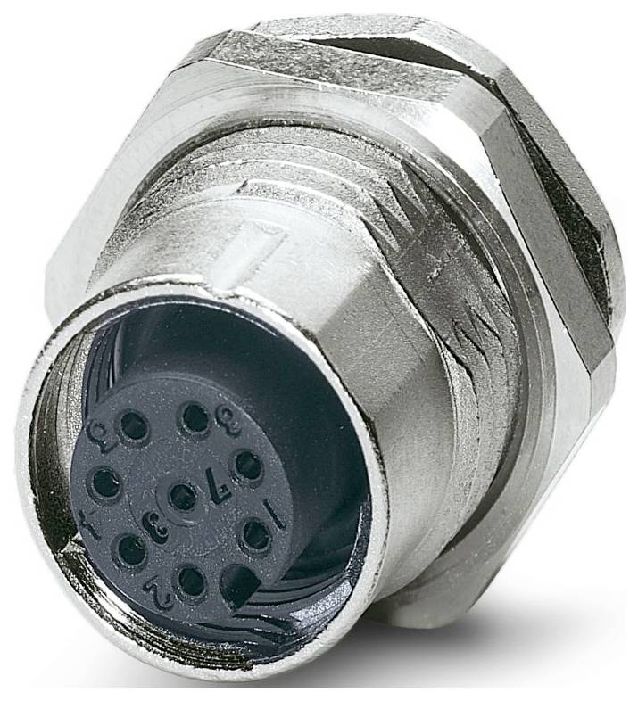 Kovový kruhový konektor s více kolíky, používaný v elektronických zařízeních, zobrazený zepředu, aby byla viditelná uspořádání kolíků.