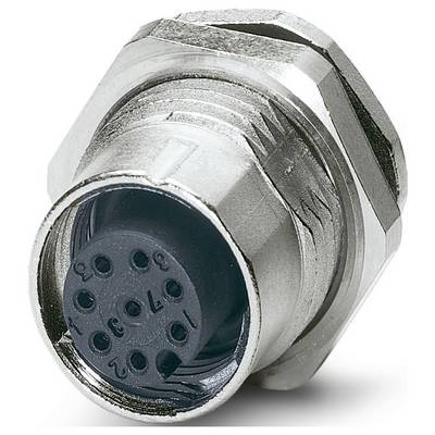 Kovový kruhový konektor s více kolíky, používaný v elektronických zařízeních, zobrazený zepředu, aby byla viditelná uspořádání kolíků.