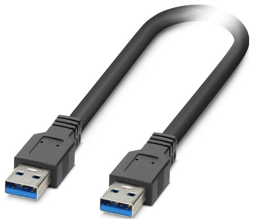 Černý kabel USB 3.0 s modrými konektory na obou koncích, používaný k přenosu dat a nabíjení zařízení.