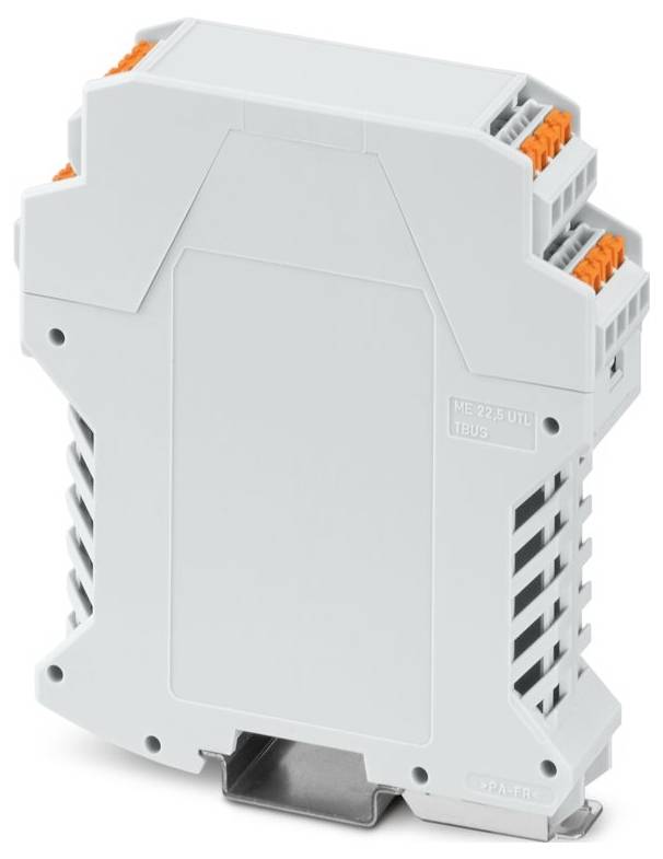 Šedý elektronický modul s oranžovými konektory a otvory pro větrání, určený k montáži na DIN lišty, pravděpodobně pro průmyslové řídicí systémy.