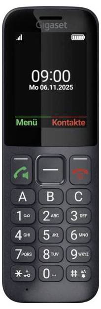 Mobilní telefon zobrazuje '09:00 Po 06.11.2025'. Níže jsou možnosti označené 'Menu' a 'Kontakty'. Klávesnice obsahuje velká numerická tlačítka.