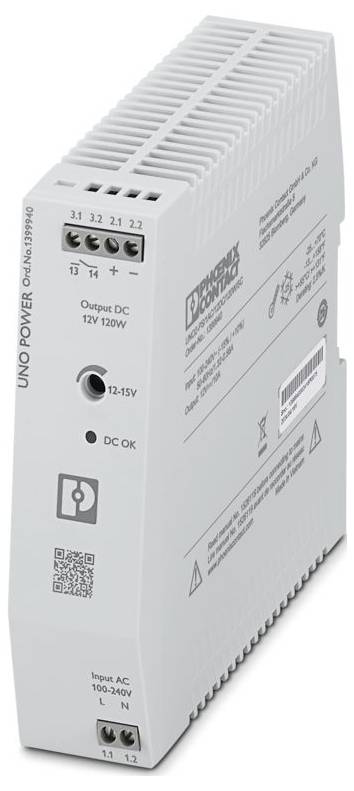 Napájecí zdroj v šedé barvě s označením Phoenix Contact, model UNO POWER. Obsahuje vstup AC 100-240 V a výstup DC 12 V, 120 W.