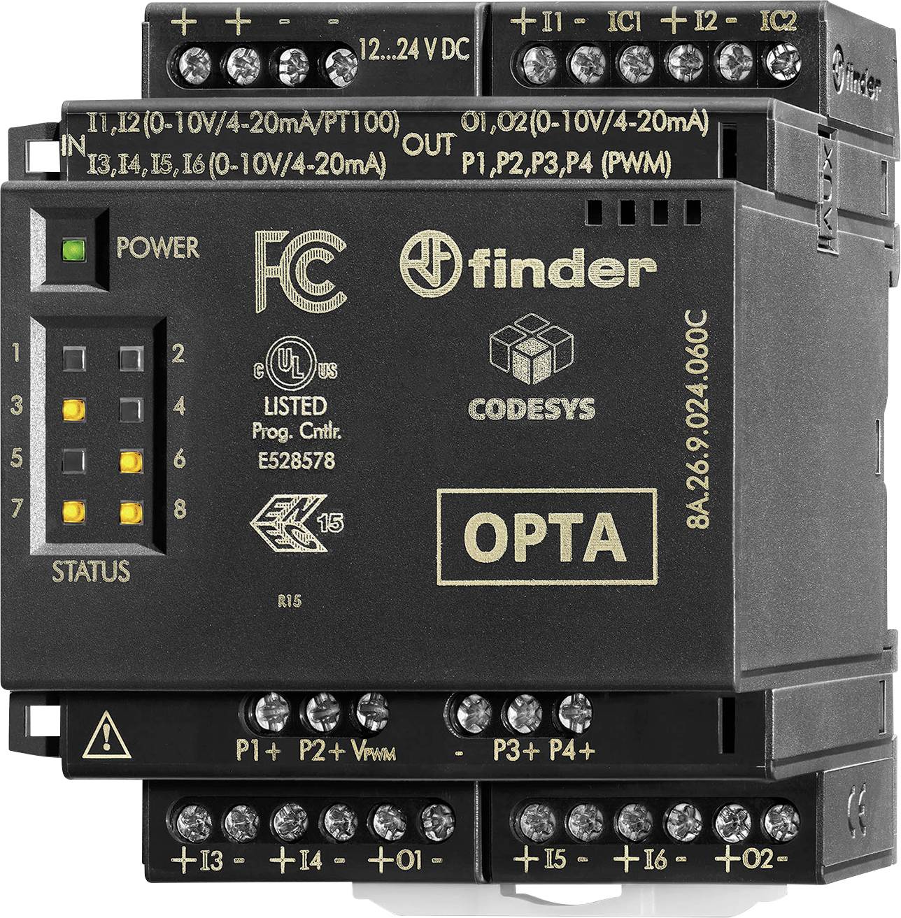 Elektronické zařízení s označením „Finder OPTA", pravděpodobně PLC (programovatelný logický kontrolér), vybavené LED indikátory pro napájení a stav, s četnými svorkovými spoji a bezpečnostními certifikacemi.