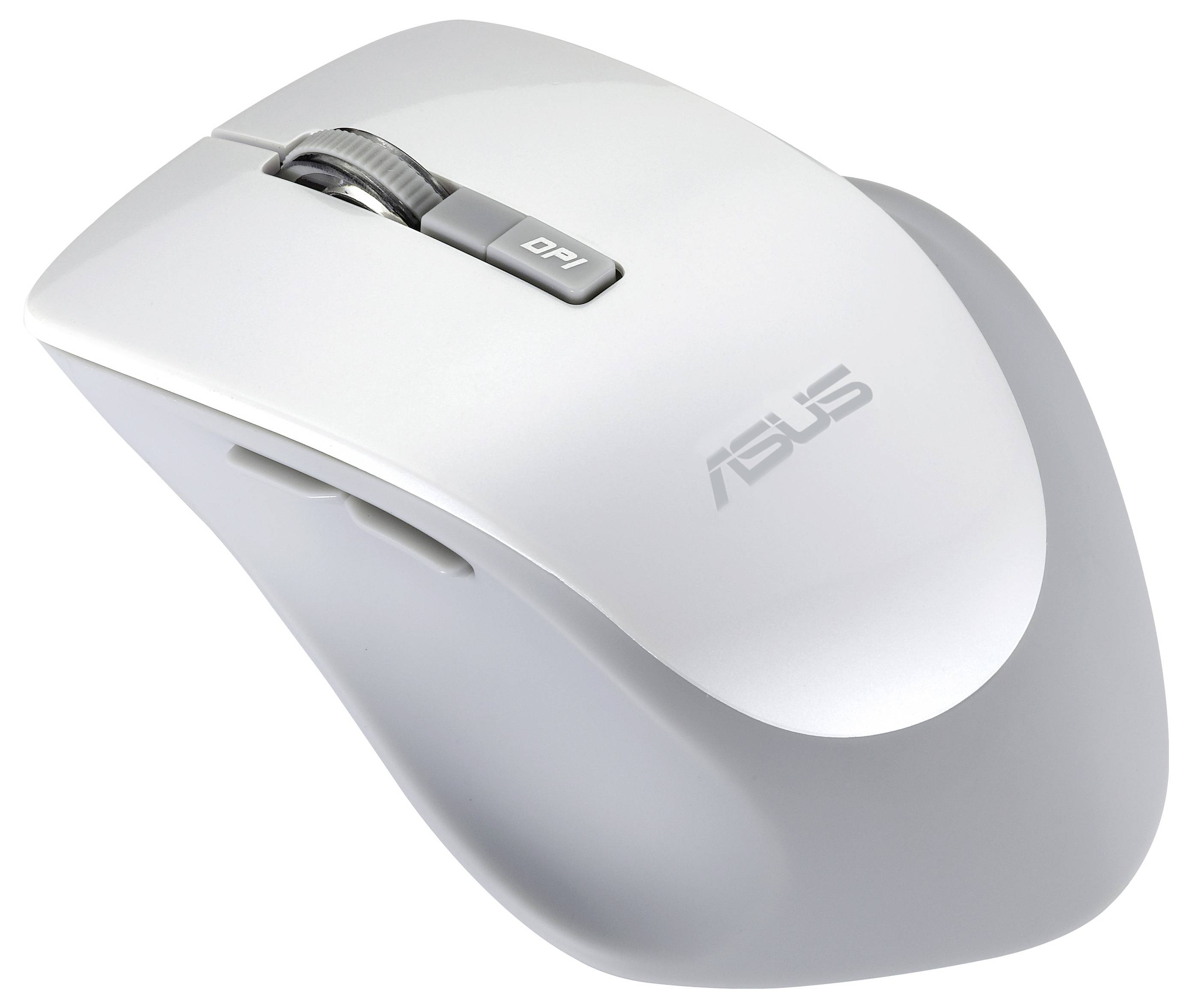 Elegantní bílá počítačová myš s posuvným kolečkem a tlačítkem DPI, na jehož horní straně je umístěno logo ASUS.
