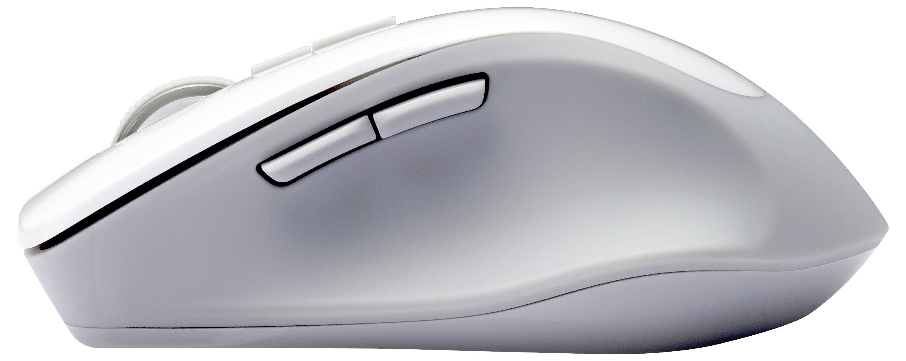 Bezdrátová počítačová myš s elegantním ergonomickým designem a dvěma postranními tlačítky, orientovaná doleva.