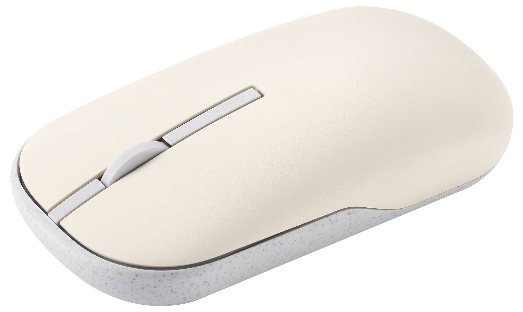 Elegantní béžová bezdrátová počítačová myš s hladkým designem a šedým kolečkem pro posun, mírně naklněná pro zobrazení ergonomického tvaru.
