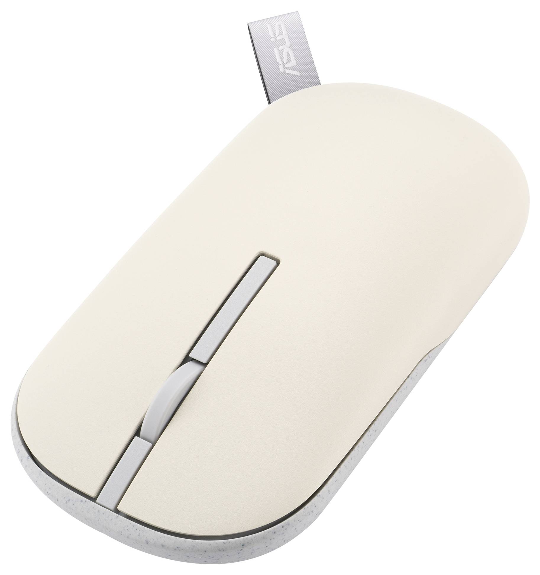 Bezdrátová béžová počítačová myš s kolečkem pro posun a logem ASUS, navržená pro ergonomické použití.