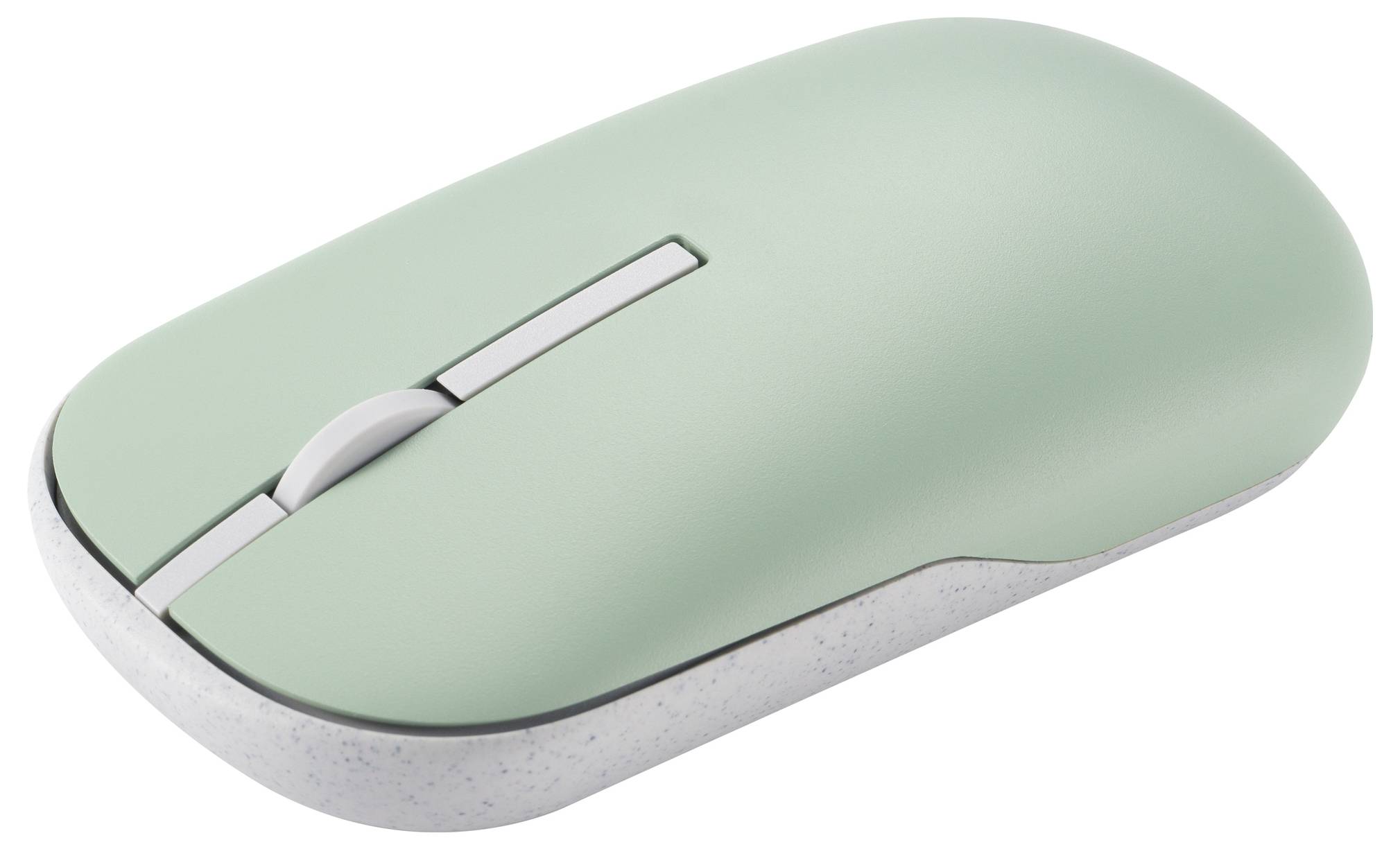 Elegantní, zelená, bezdrátová počítačová myš s kolečkem pro rolování a skvrnkatou bílou základnou, vyfotografovaná z úhlu ukazujícího její ergonomický design.