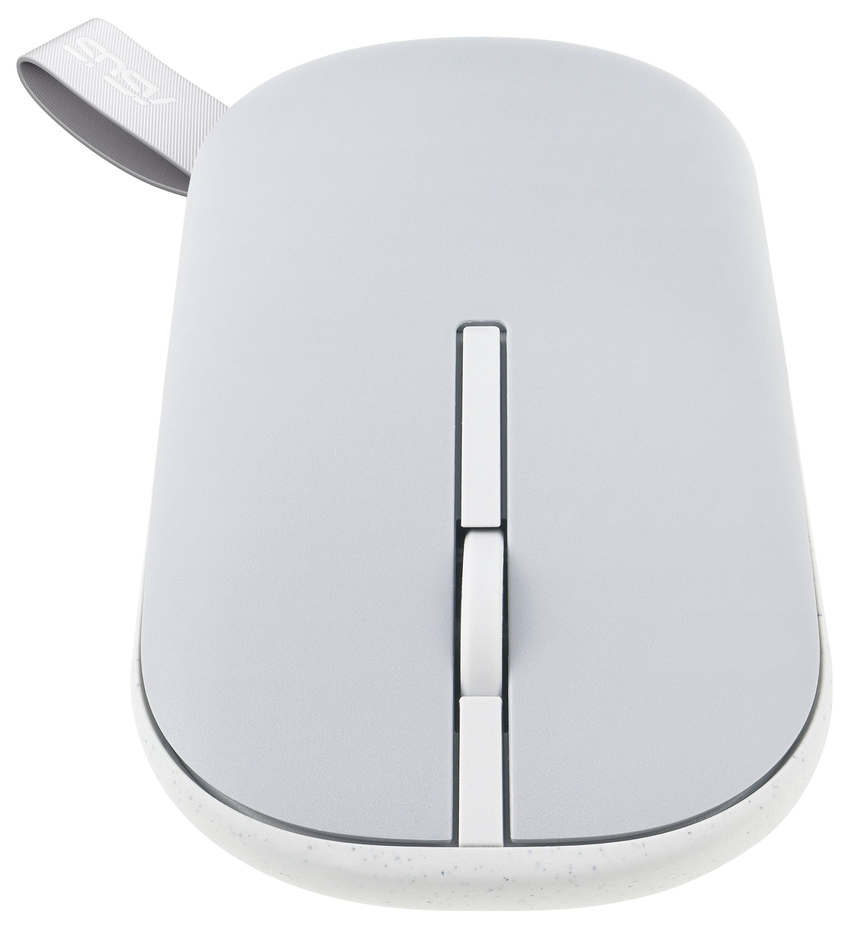 Elegantní, moderní šedá počítačová myš s minimalistickými tlačítky a textilní smyčkovou rukojetí, navržená pro ergonomické použití.