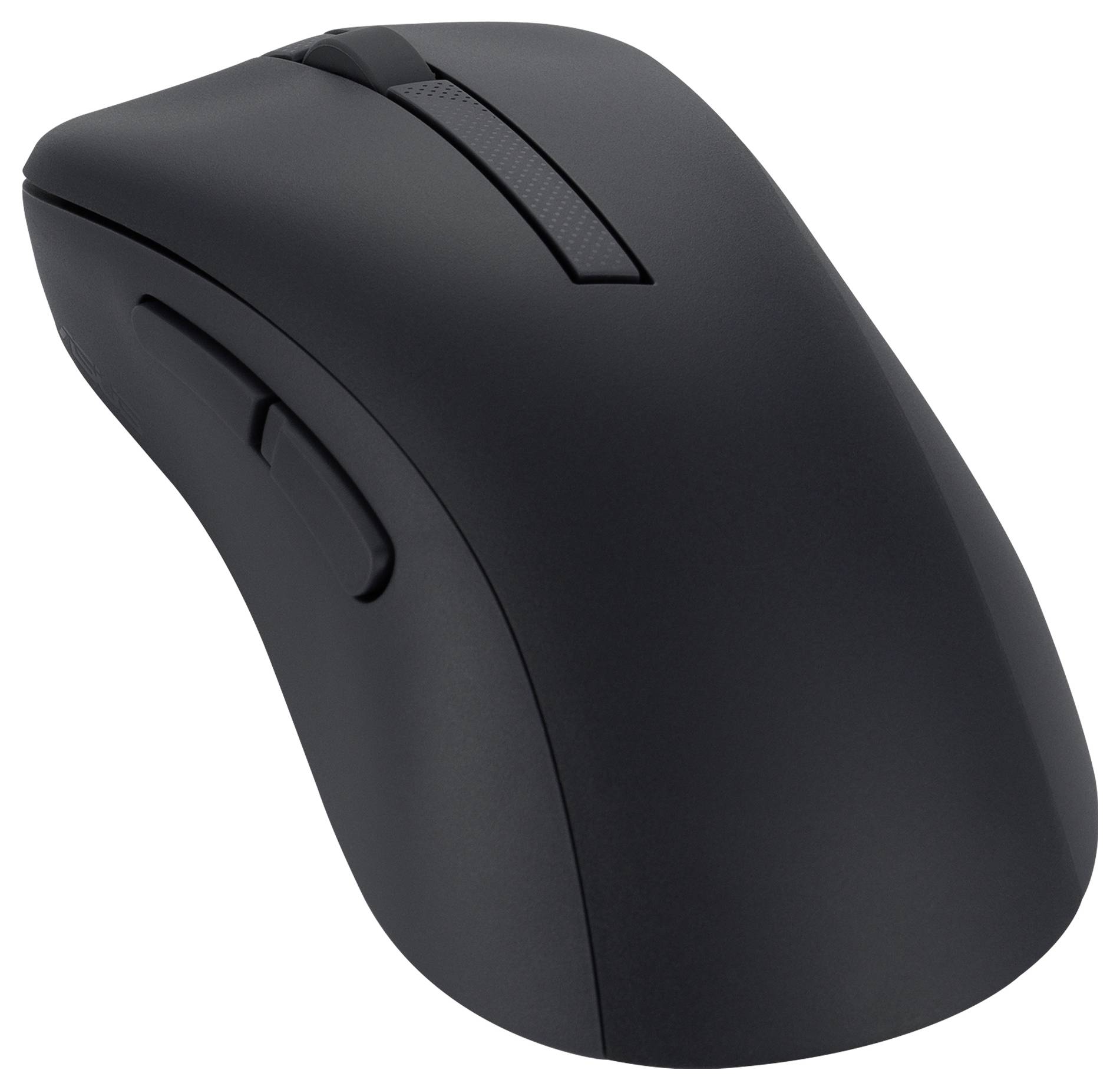 Černá bezdrátová počítačová myš se dvěma postranními tlačítky a kolečkem pro posun, navržená s důrazem na ergonomii.