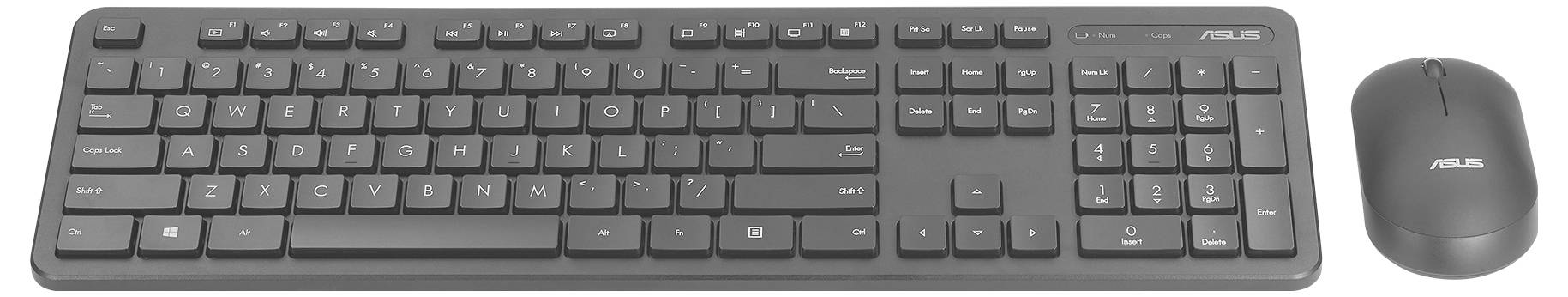 Černá bezdrátová počítačová klávesnice a myš s minimalistickým designem, obě opatřené logy společnosti ASUS, zobrazené na bílém pozadí.