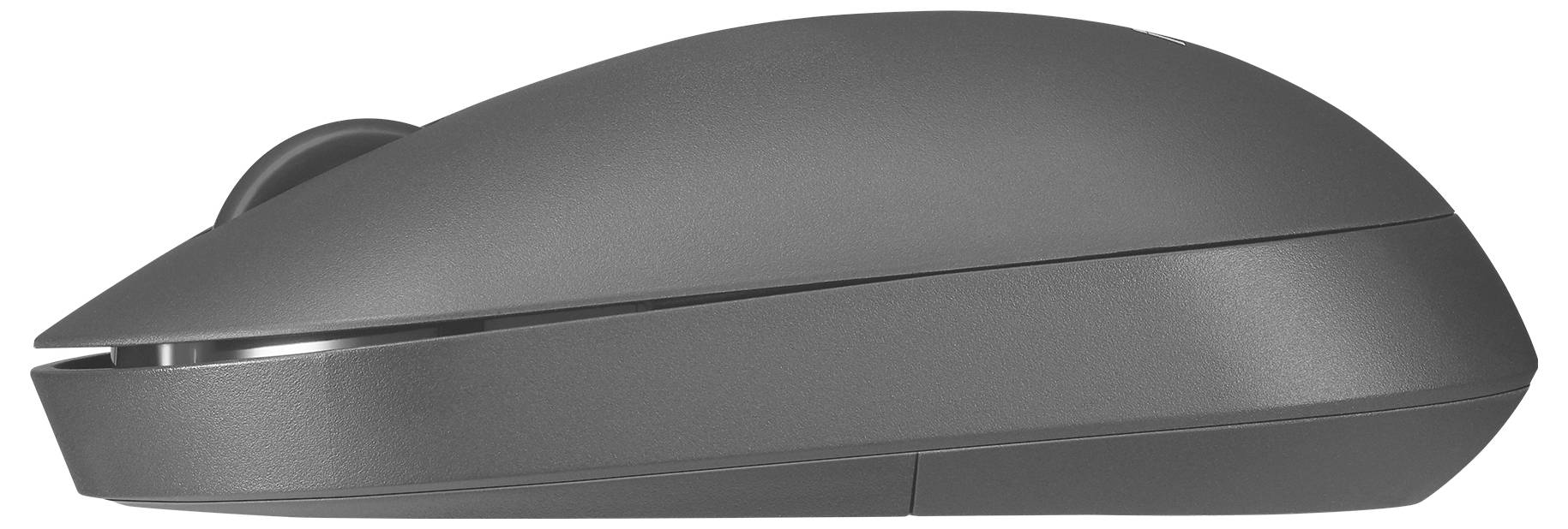 Štíhlá, šedá bezdrátová počítačová myš zobrazená z boku, zvýrazňující její hladký, ergonomický design.