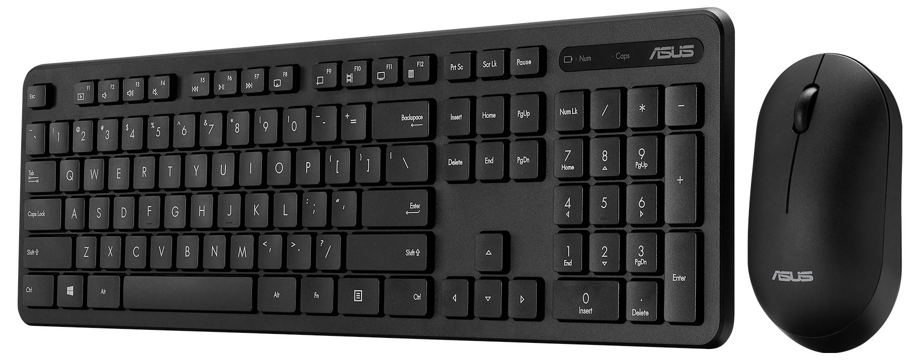 Černá bezdrátová sada klávesnice a myši ASUS se standardním rozložením kláves a numerickou klávesnicí.