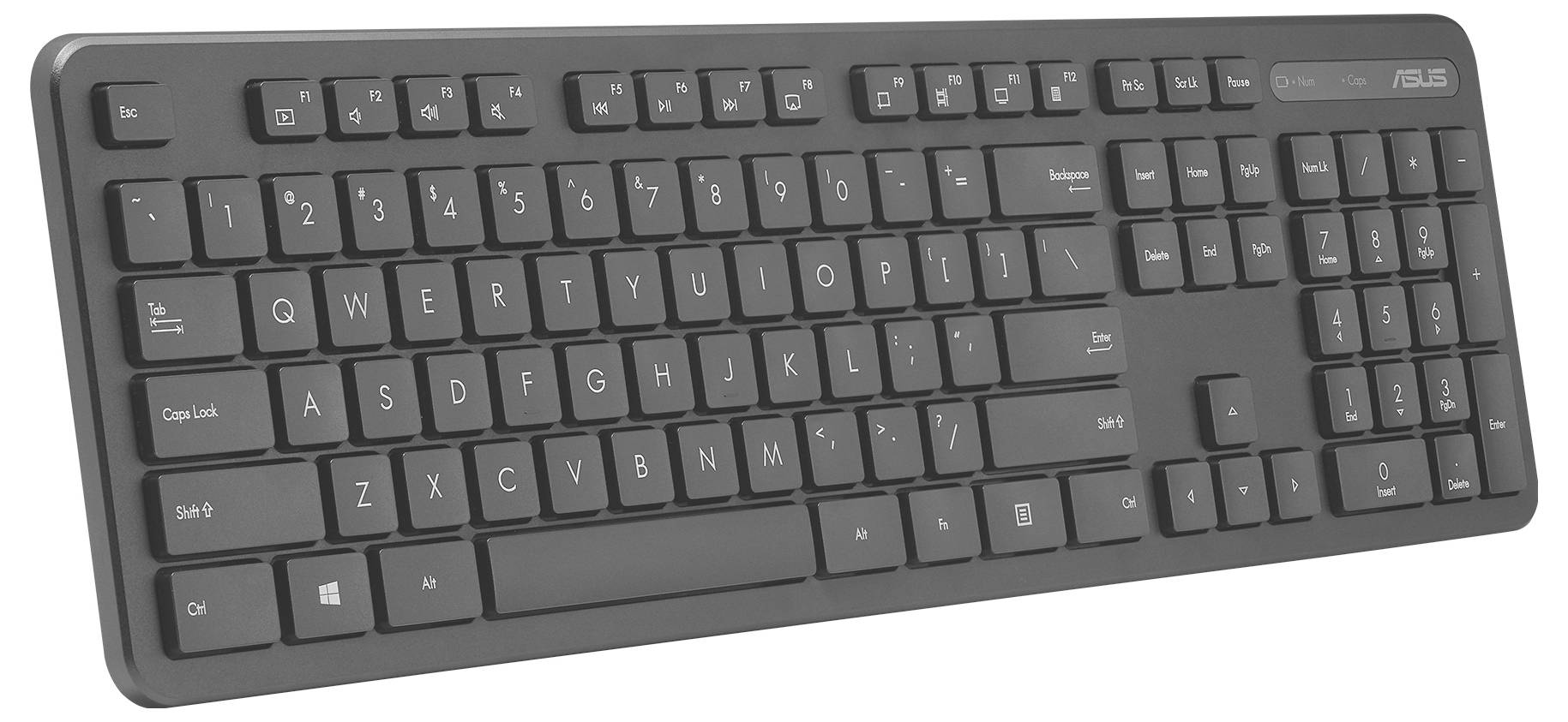 Černá počítačová klávesnice s abecedními, numerickými a funkčními klávesami. Obsahuje numerickou klávesnici na pravé straně.