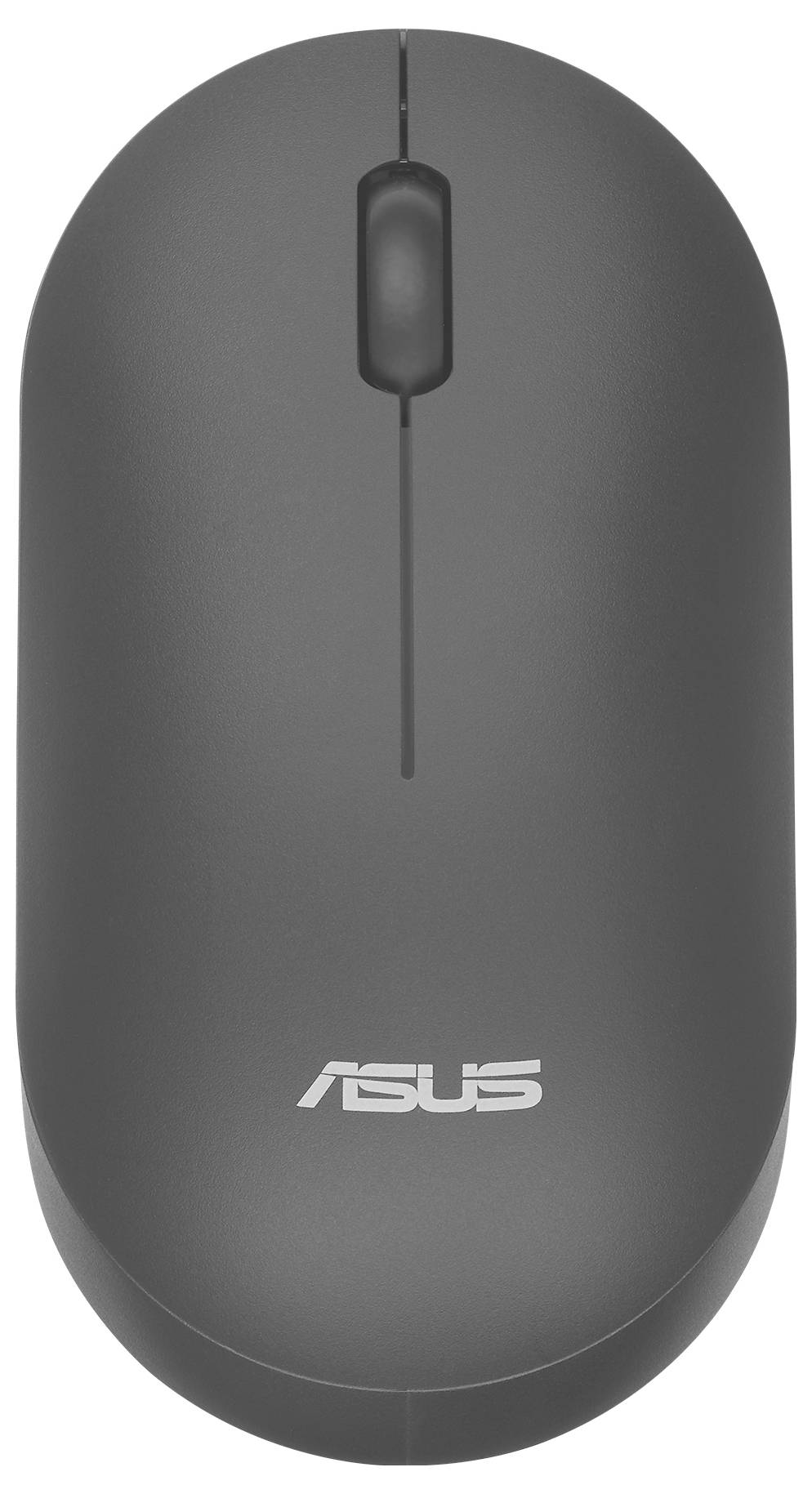 Elegantní, šedá bezdrátová počítačová myš s kolečkem pro scrollování, s logem Asus na povrchu, pohled shora.