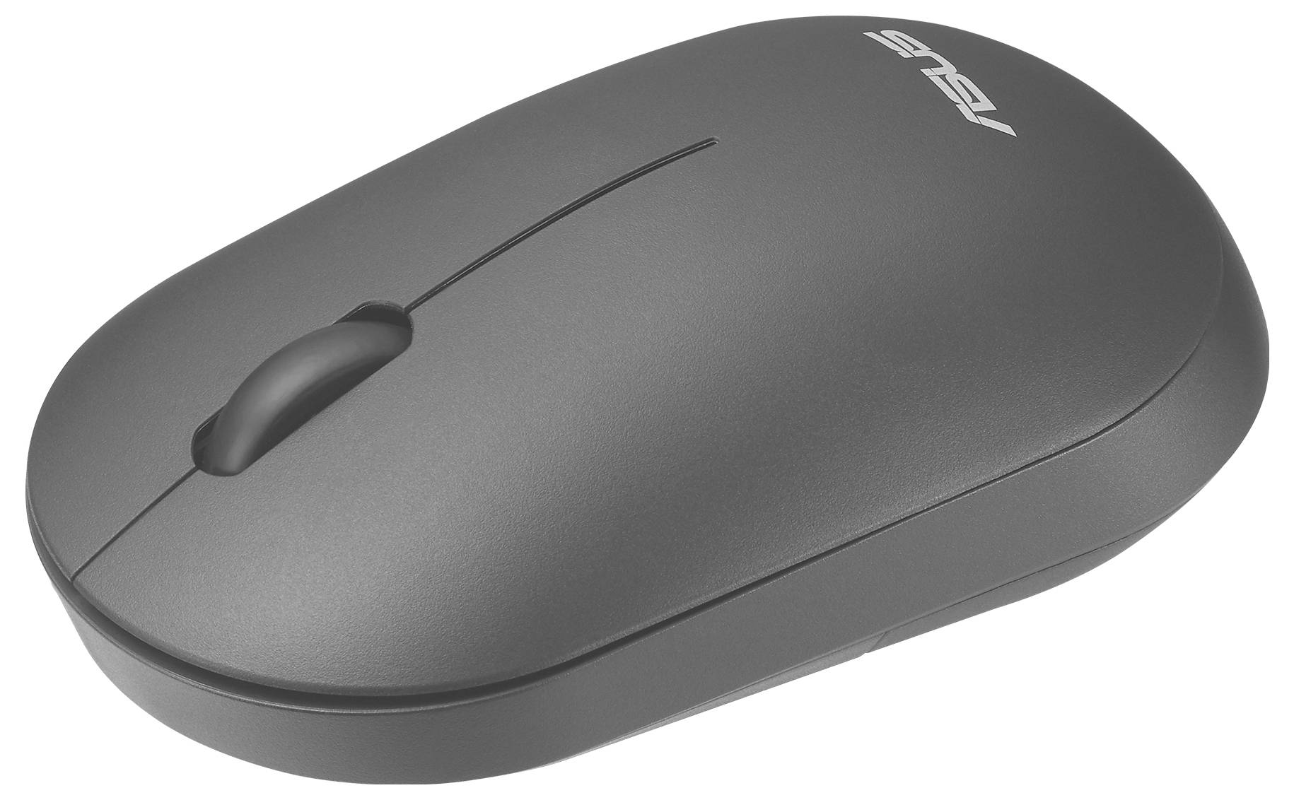 Šedá bezdrátová počítačová myš s kolečkem pro posun, na které je nahoře umístěno logo společnosti Asus.