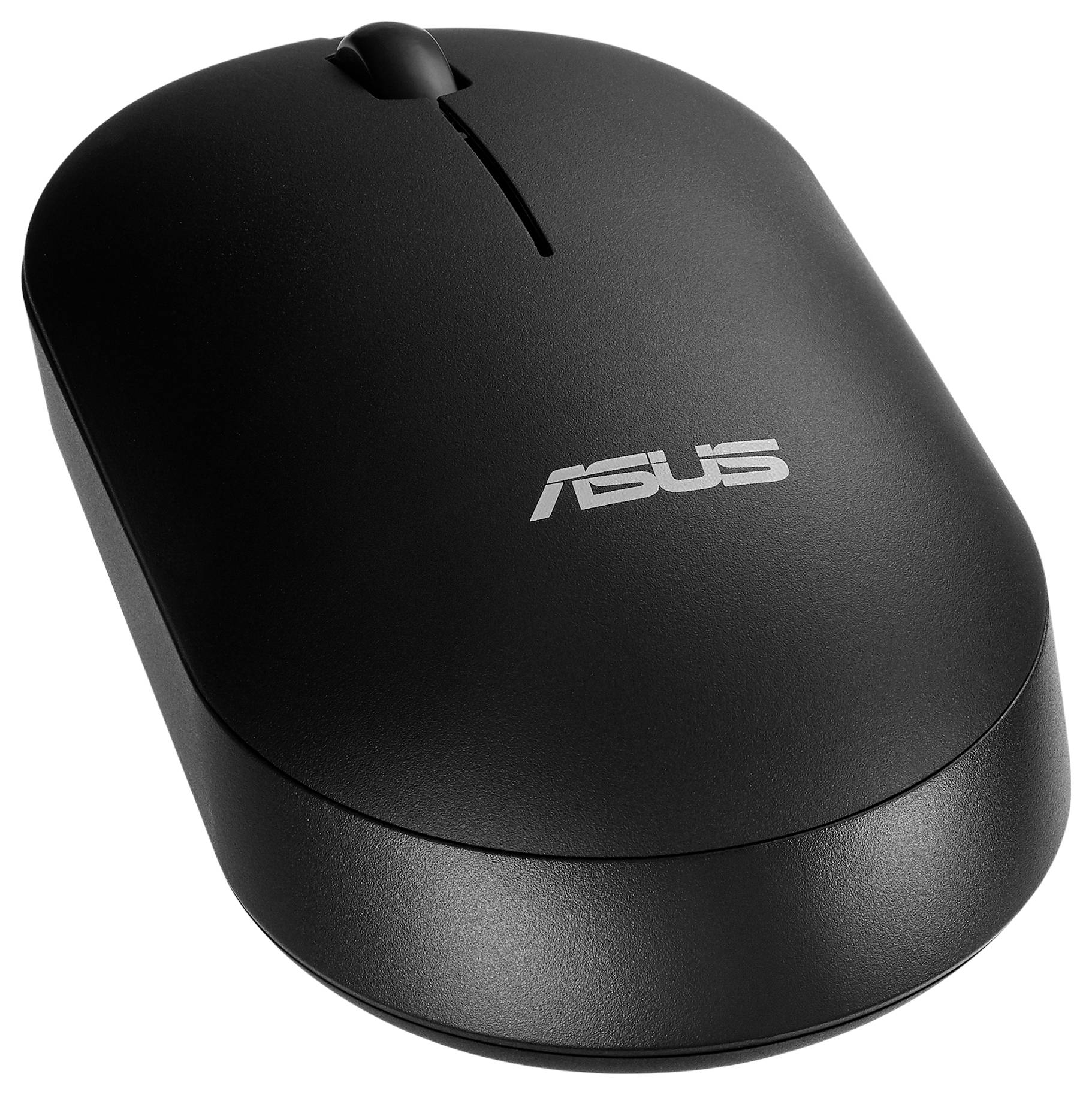 Černá bezdrátová počítačová myš s rolovacím kolečkem, na jejímž horním povrchu je umístěno logo společnosti 'ASUS'.