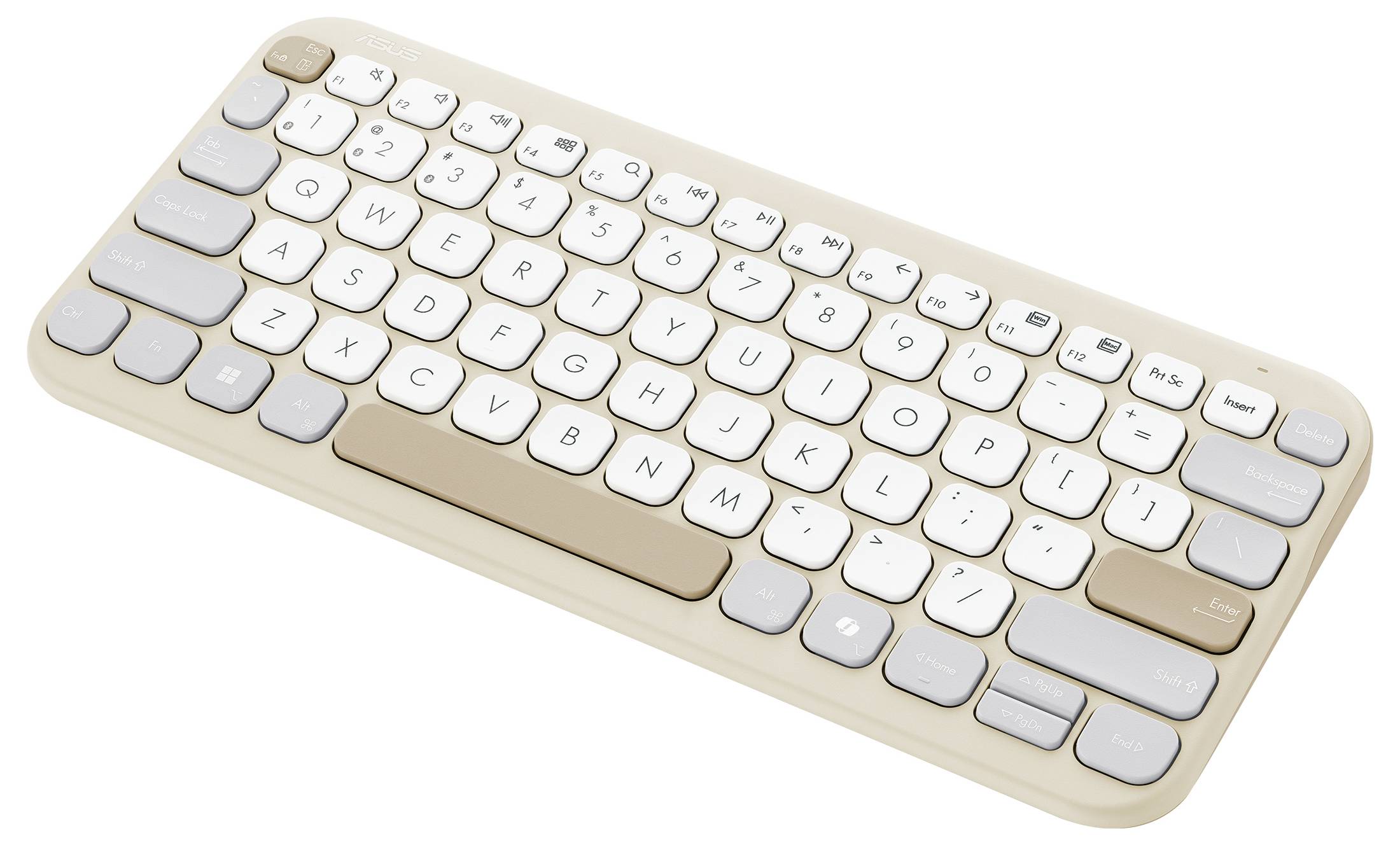 Béžová a bílá bezdrátová klávesnice s kulatými klávesami, vybavená standardním rozložením QWERTY. Kompaktní a přenosný design.