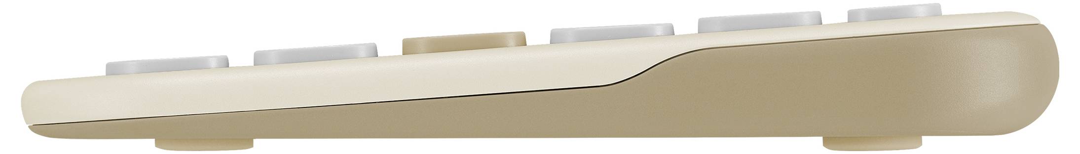 Béžový pohled z bočního profilu na počítačovou klávesnici s šedými klávesami, který zdůrazňuje její štíhlý a elegantní design.