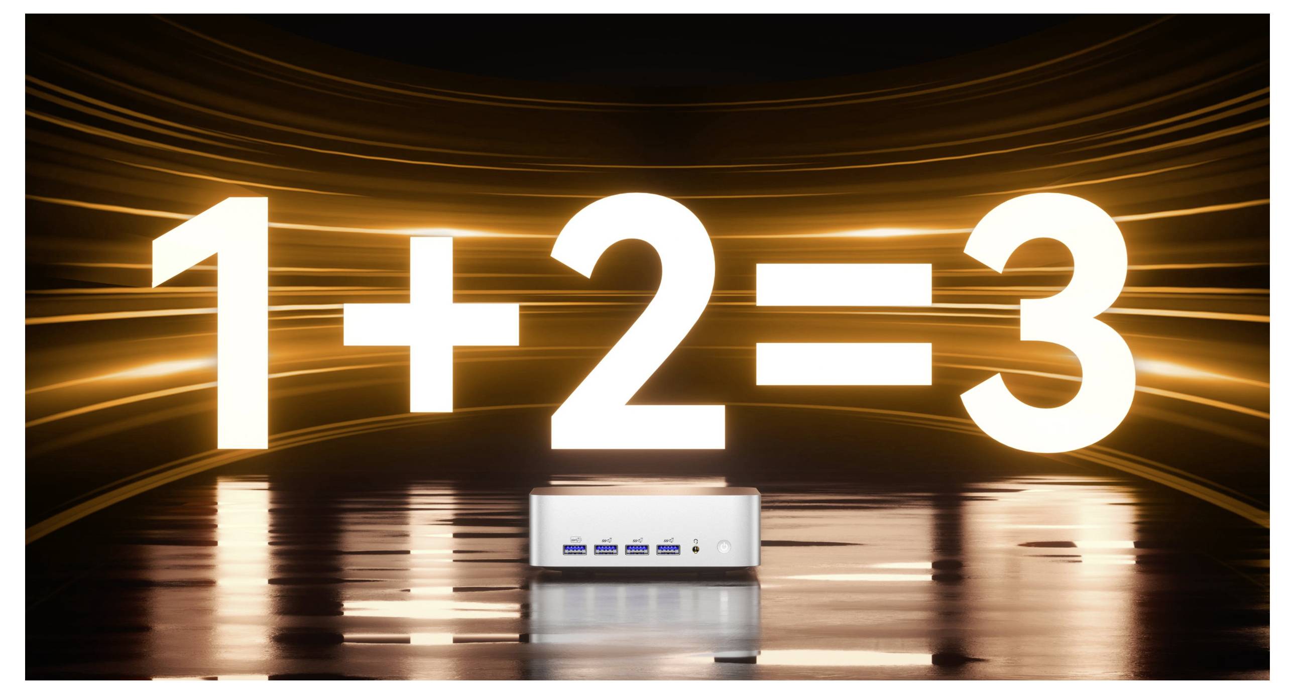 Zářící rovnice '1 + 2 = 3' se vznáší nad malým stříbrným zařízením na reflexní ploše, v pozadí s oranžovými světelnými tahy.