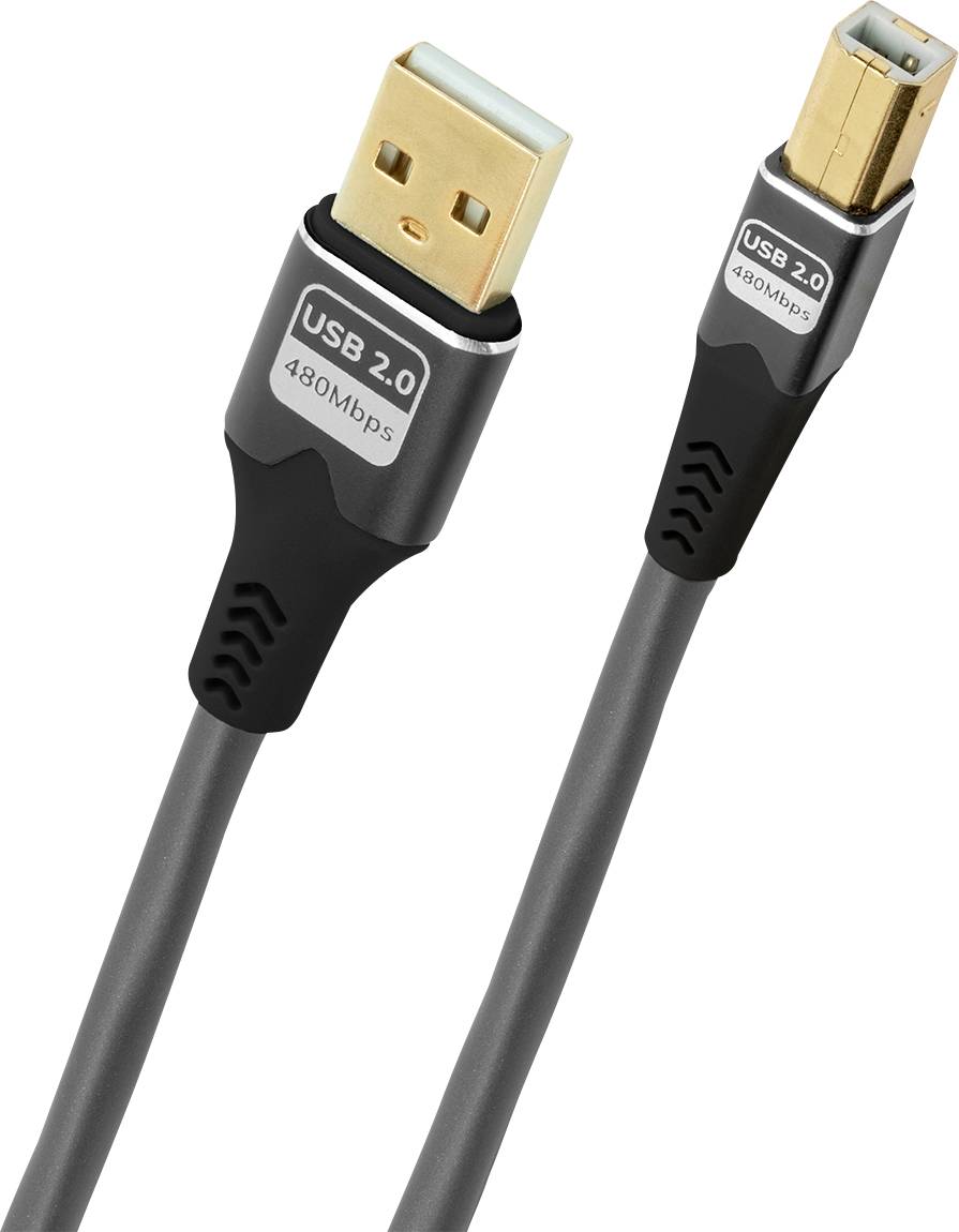 USB 2.0 kabel se standardním konektorem A na jednom konci a konektorem USB-B na druhém konci, označený '480Mbps' pro přenosovou rychlost.