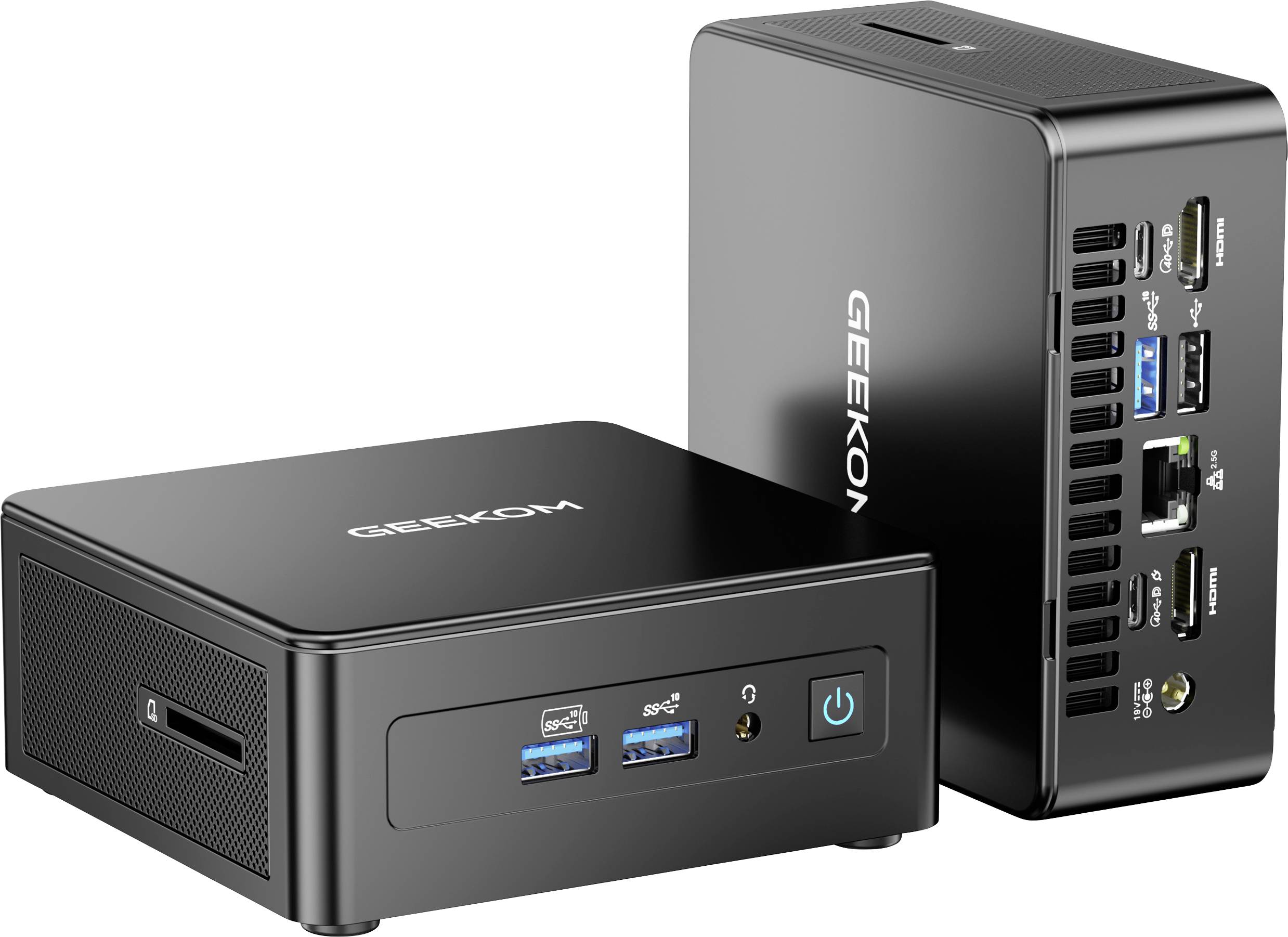 Dva kompaktní černé počítačové moduly jsou zobrazeny. Přední jednotka nabízí USB porty a napájecí tlačítko. Zadní jednotka zobrazuje několik připojovacích portů.