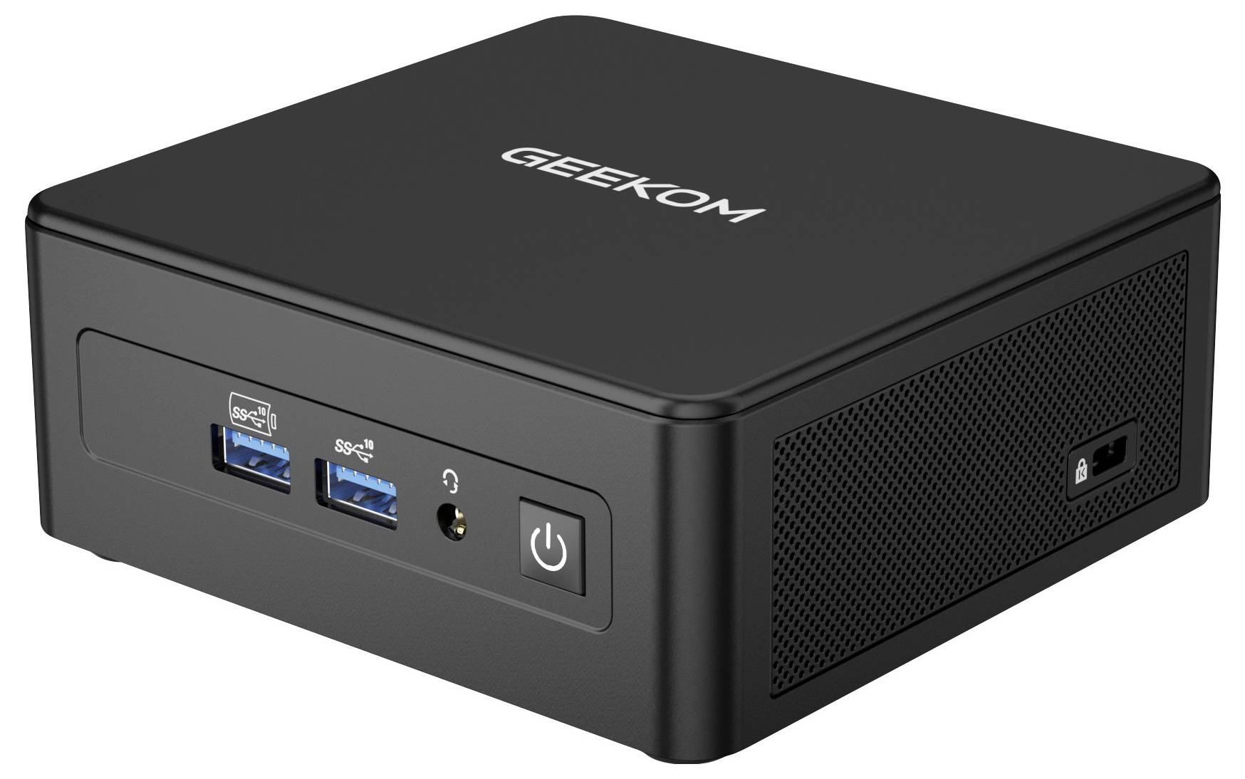 Černý mini počítač s logem 'GEEKOM' na horní straně, který má vpředu dva USB porty, konektor pro sluchátka a vypínač.