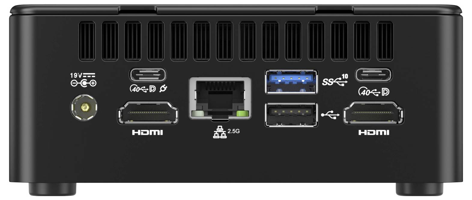 Pohled zezadu na černý počítač s porty: dva HDMI, USB-C, USB-A, Ethernet a napájecí vstup, s větracími štěrbinami nahoře.