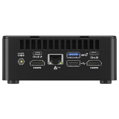 Pohled zezadu na černý počítač s porty: dva HDMI, USB-C, USB-A, Ethernet a napájecí vstup, s větracími štěrbinami nahoře.