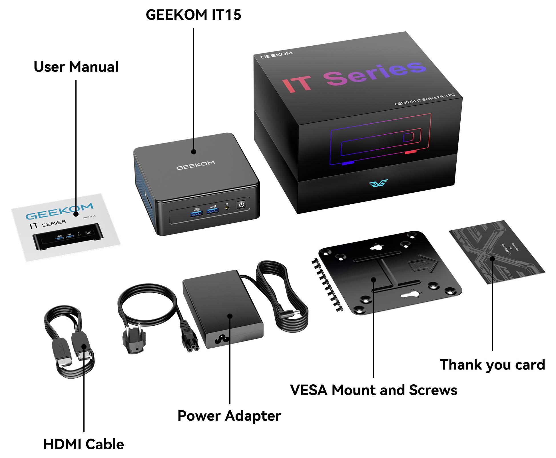 Obsah balení miniPočítače: uživatelská příručka, miniPočítač, děkovná kartička, HDMI kabel, napájecí adaptér, VESA držák se šrouby, krabice řady IT.