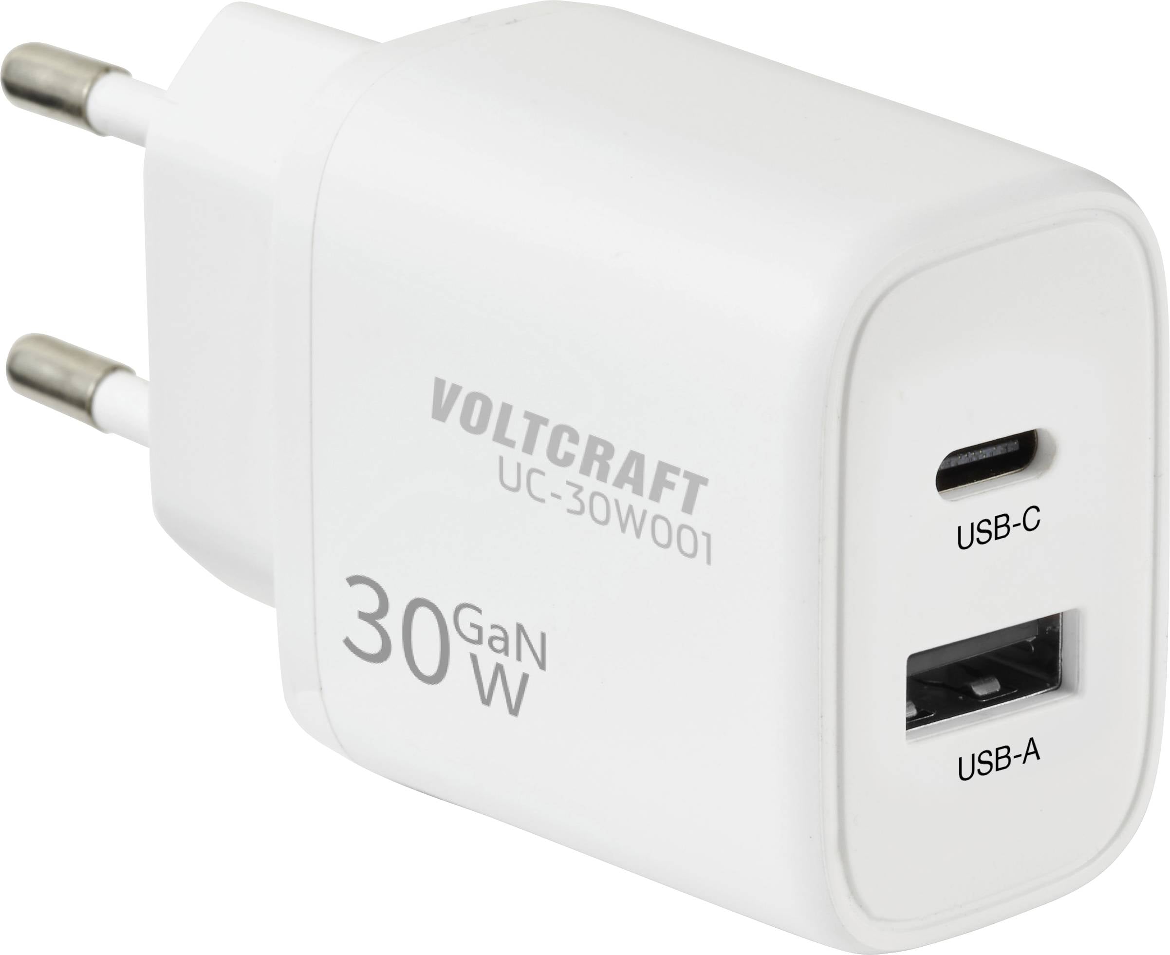 Voltcraft UC-30W001 30W GaN bílá nabíječka s porty USB-C a USB-A, vybavená dvoupólovým EU zástrčkou, kompaktní design.