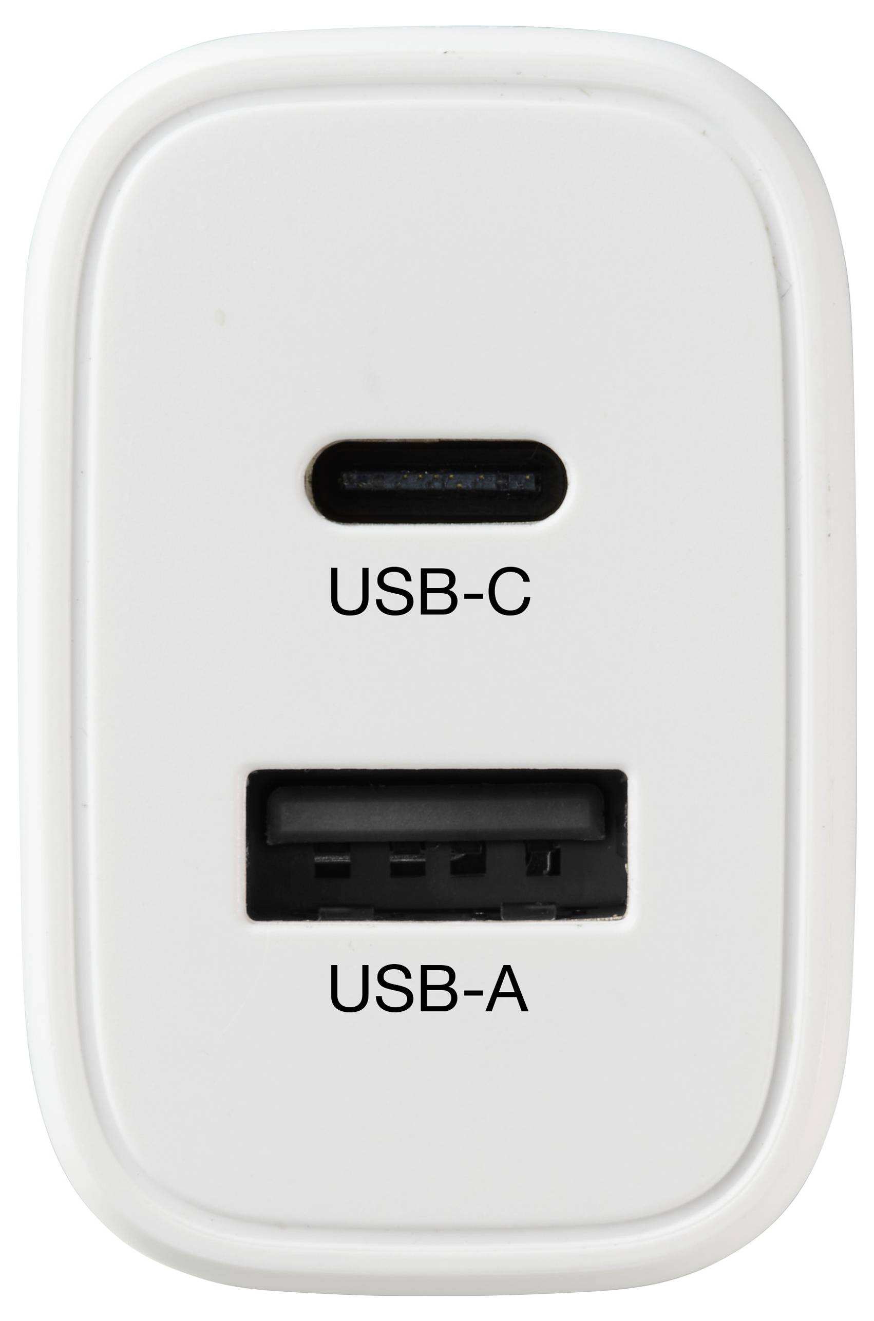 Bílý síťový adaptér s porty USB-C a USB-A s příslušnými popisky.