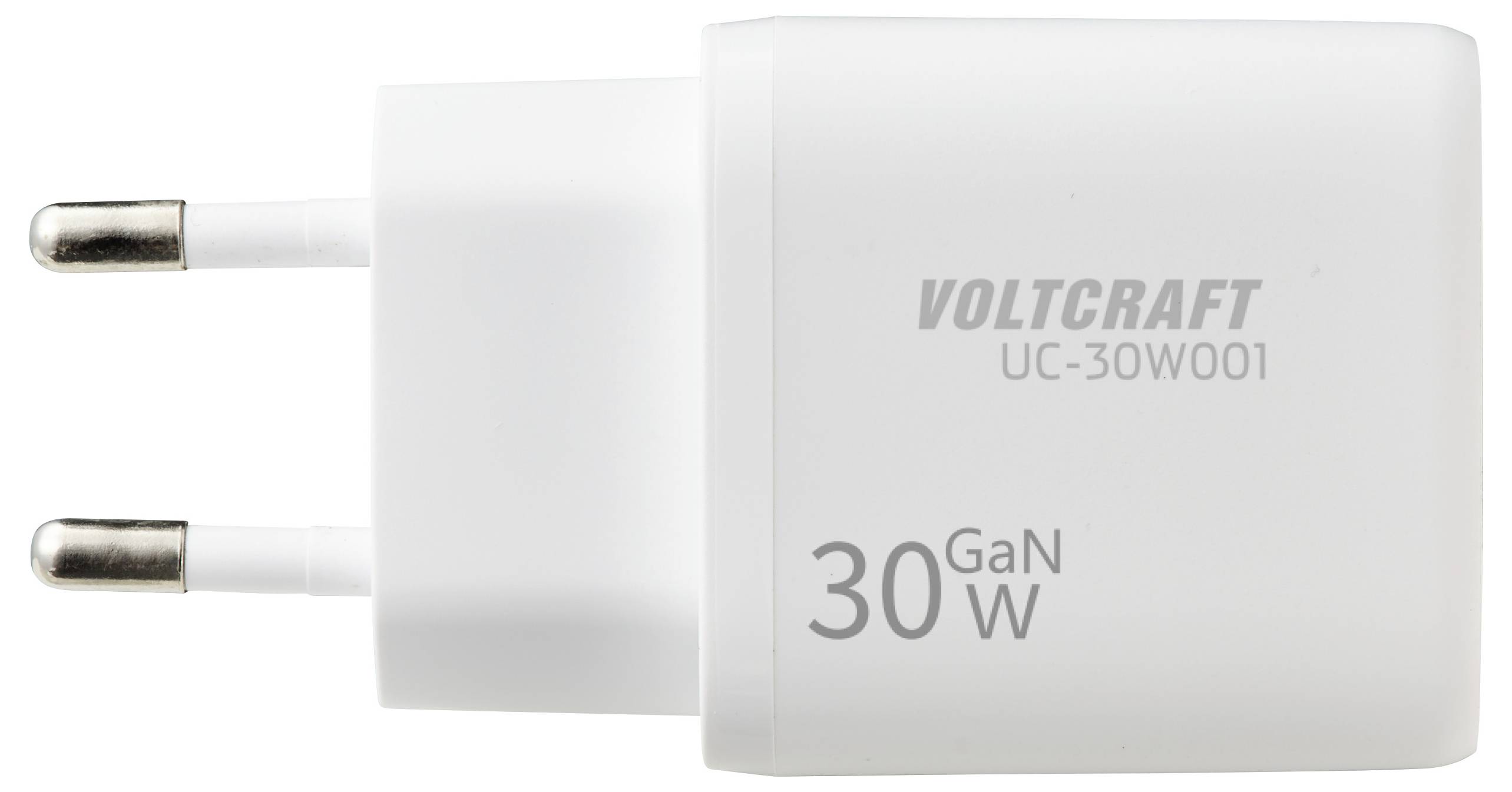 Bílá nabíječka 'Voltcraft UC-30W001' s technologií GaN se dvěma kolíky, označená '30W'.