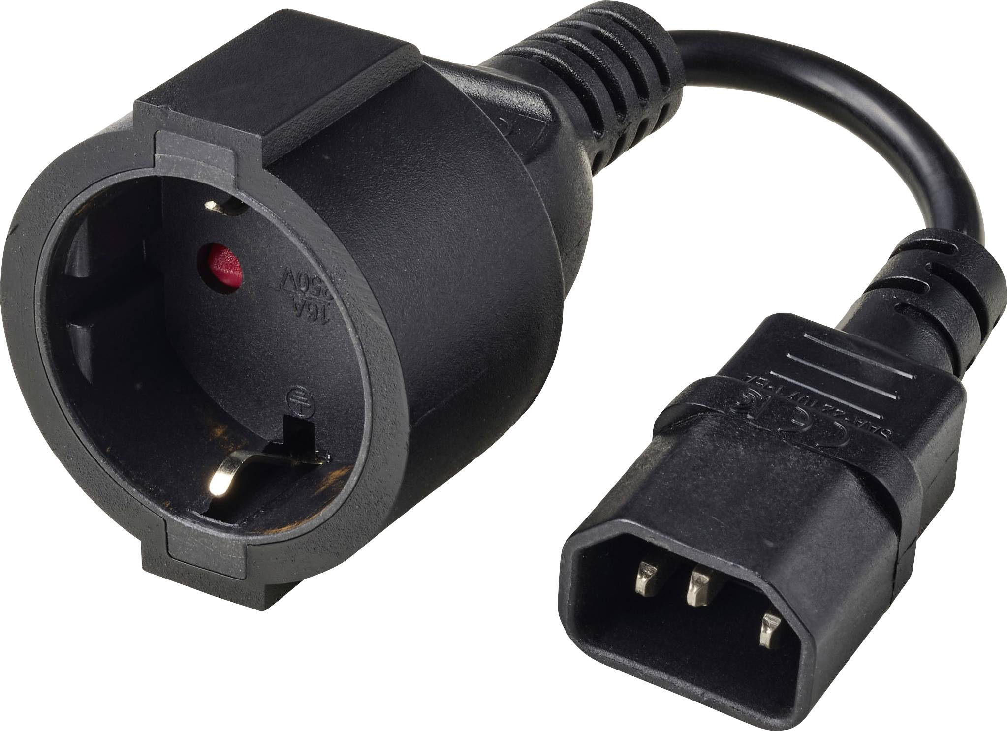 Kabel síťového adaptéru v černé barvě s kulatou zásuvkou v evropském stylu na jednom konci a samcem se třemi piny IEC na druhém konci.