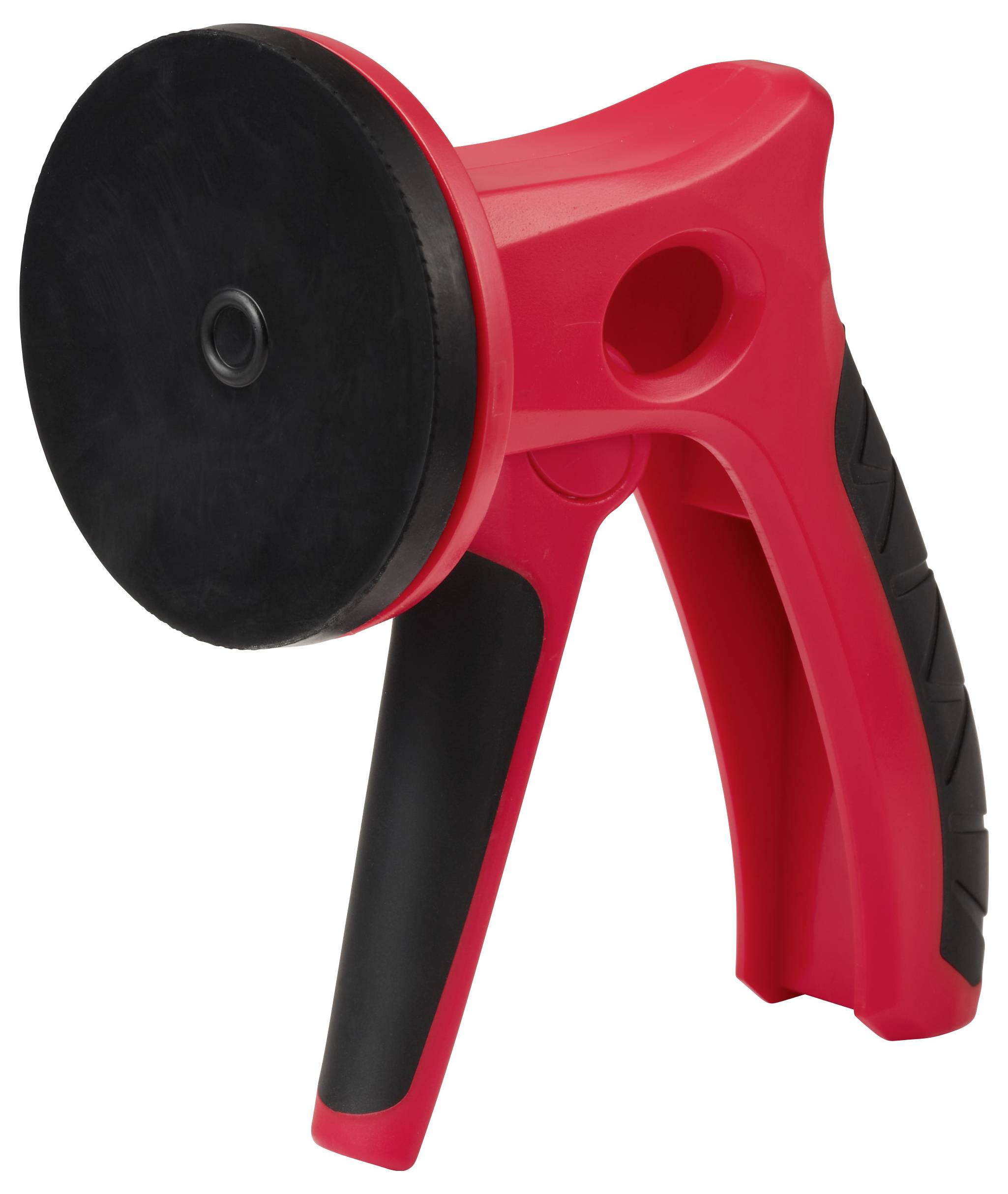 Červený a černý gripovací držák přísavky s ergonomickou úchopkou, určený pro zvedání nebo posunování plochých povrchů jako sklo nebo obklady.