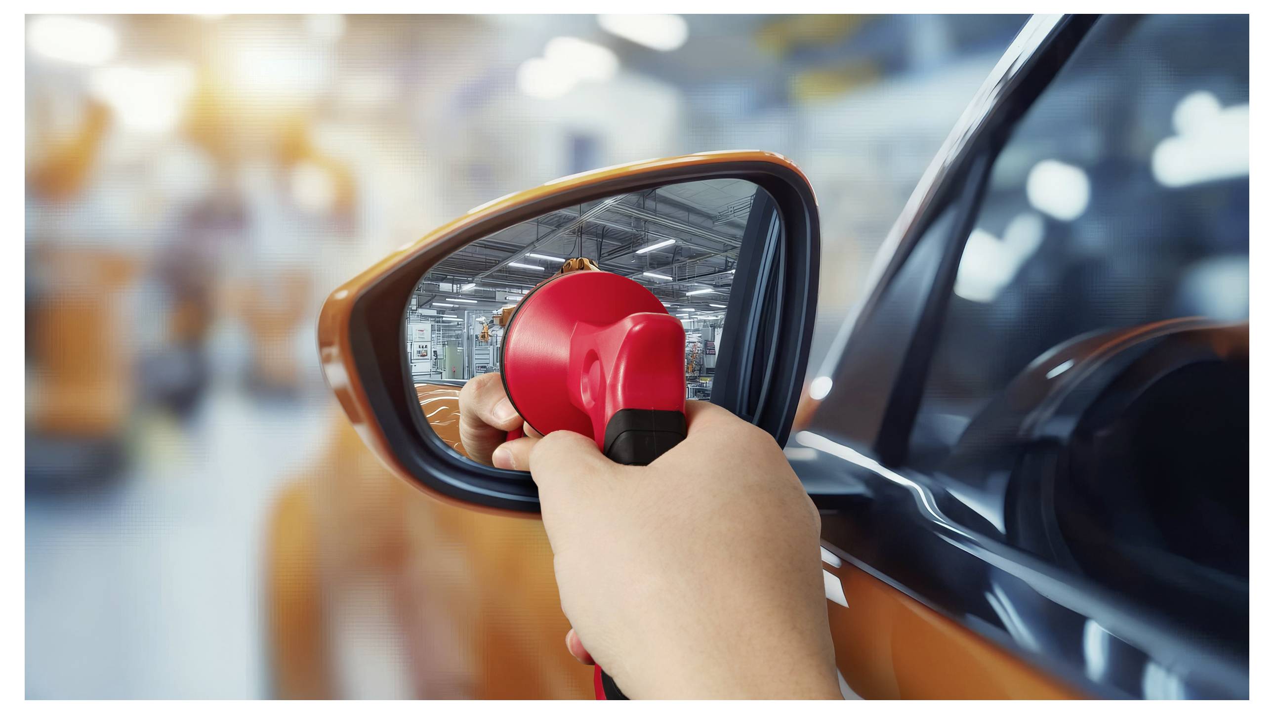Osoba drží bezdrátový vrták před zrcátkem posuvných dveří oranžového automobilu, což odráží rozostřené průmyslové prostředí na pozadí.