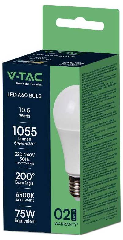 LED žárovka A60<br>10,5 W<br>1055 lumenů<br>220-240 V<br>Úhel světelného svazku 200°<br>Studená bílá 6500K<br>Ekvivalent 75 W<br>Záruka 2 roky