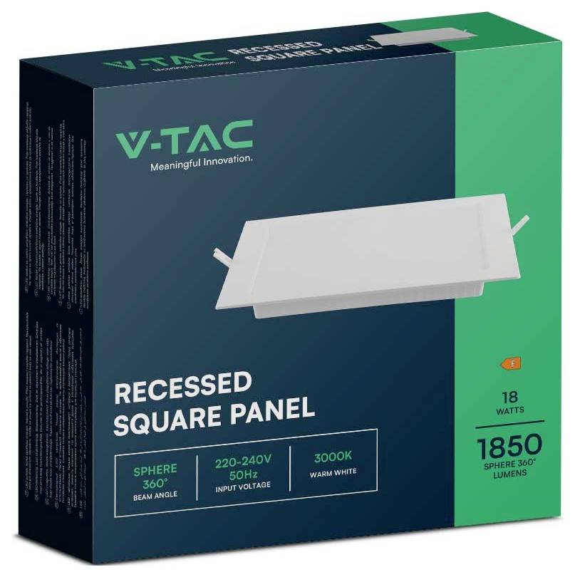 Zapuštěný čtvercový panel od V-TAC, zobrazující energeticky úsporné LED osvětlení: 18 wattů, 1850 lumenů, teplé bílé světlo 3000K.